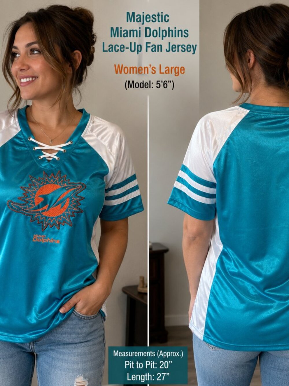 Majestic Miami Dolphins Lace-Up Fan Jersey Top | Women's Large | NFL
